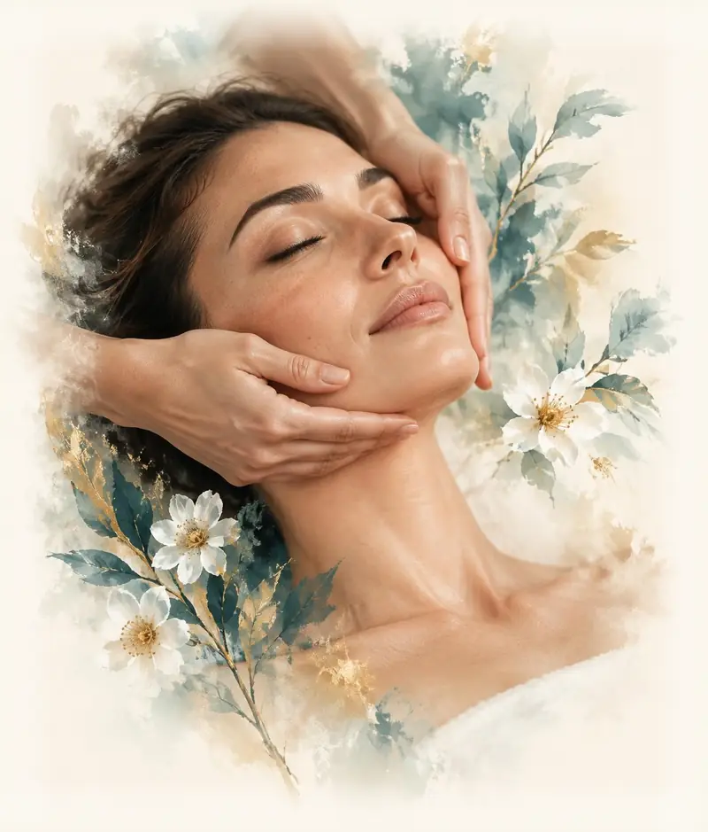 Geste de massage Kobido entouré de fleurs peintes