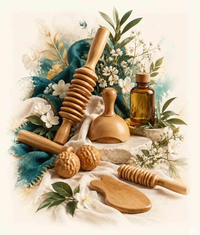 Outils de madérothérapie, huile ambrée et fleurs