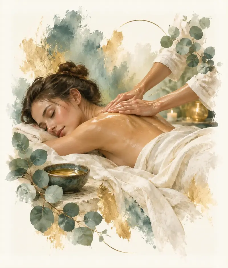 Massage relaxant du dos à l’huile ambrée, feuillage peint